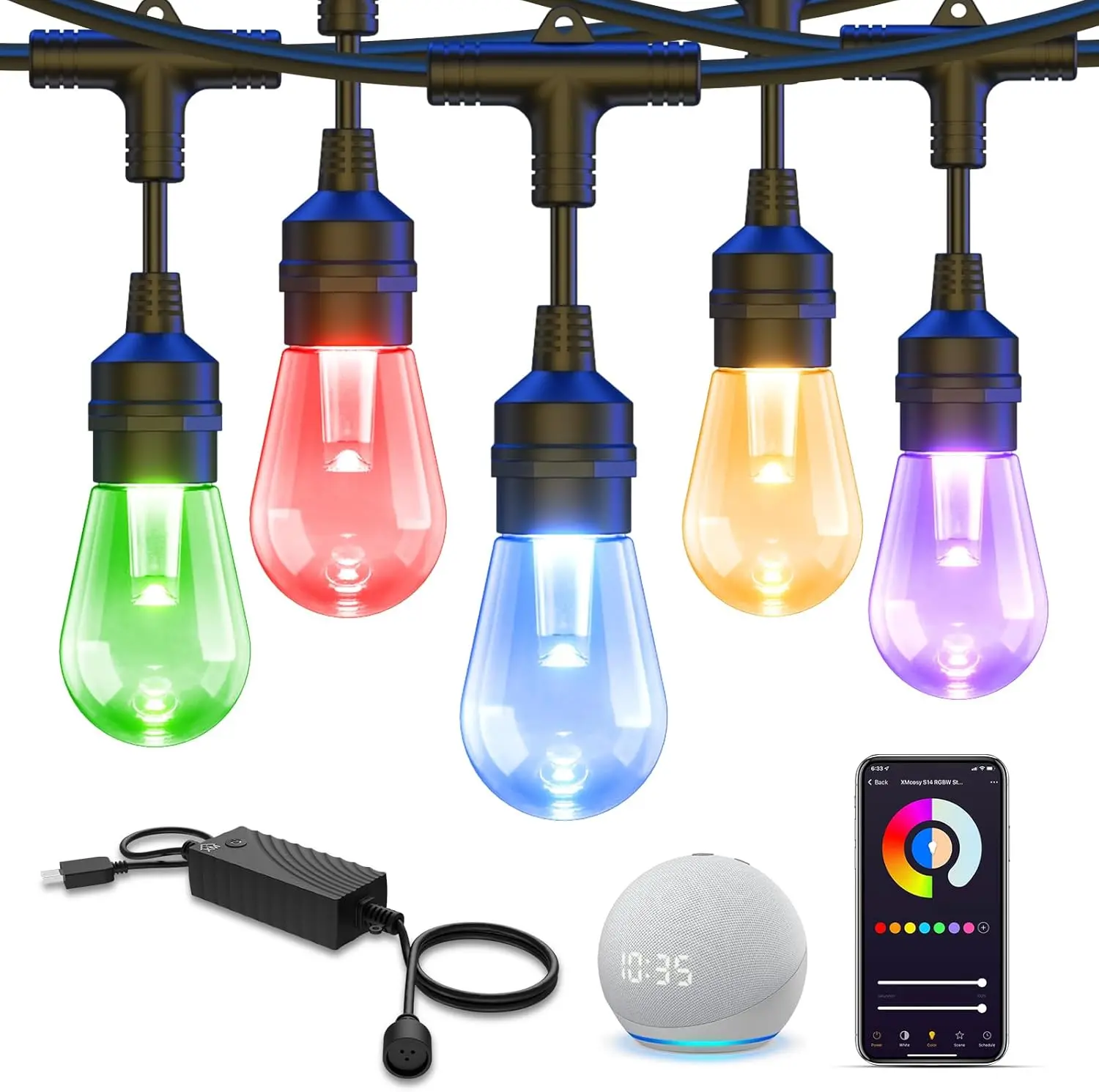 Xmcosy+ Outdoor String Lights, Smart 98Ft Rgbw Patio Lights Waterproof, App Control, Work With Alexa, Color Changing Led String