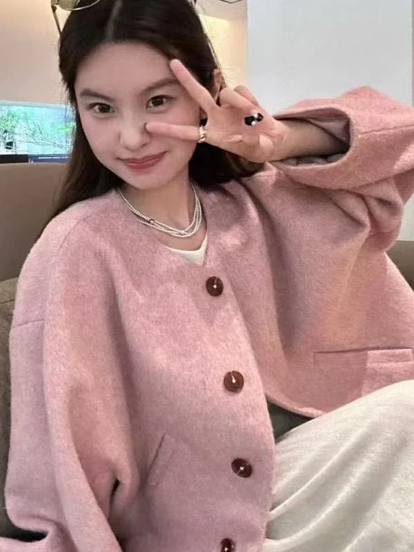 

Ele Pink Woolen Coat Women's ort Sle Winter Faion Commute ket Element round Collar Single Button Closure Pure Color