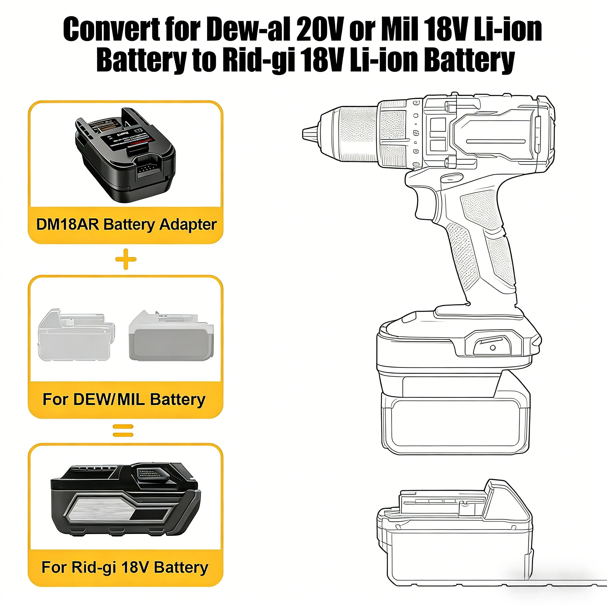 

Адаптер-конвертер для аккумуляторов DM18AR: для Dewalt, Milwaukee 18V Li-ion, Ridgid, AEG 18V (для дрелей и инструментов)