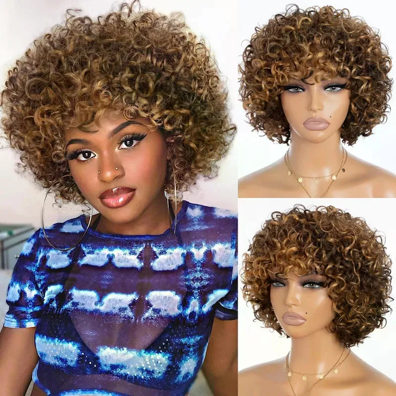 Highlight Color Short Kinky Curly Wigs With Bangs For Women 180 Density Mix Brown Full Machine Made Human Hair Fluffy Curly Wig