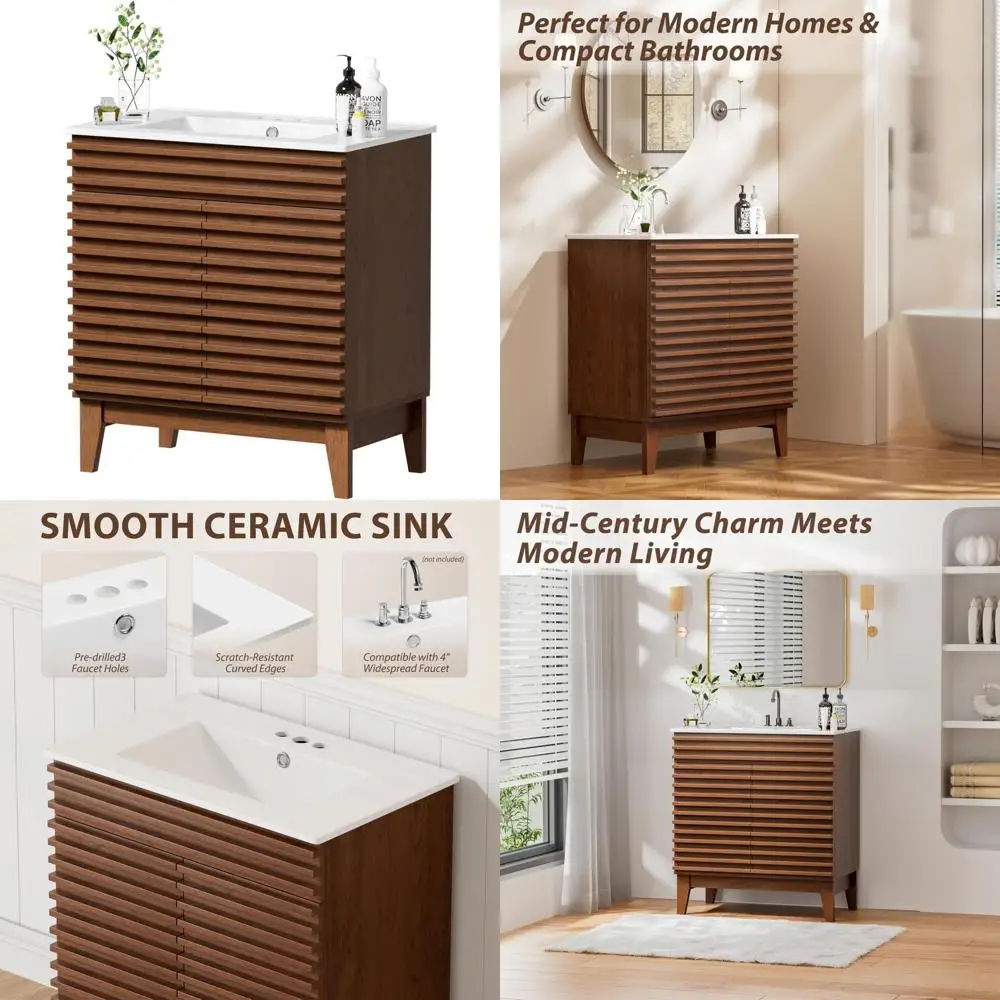 

mid-century 30" freestanding bathroom vanity with ceramic sink and soft-close cabinet doors