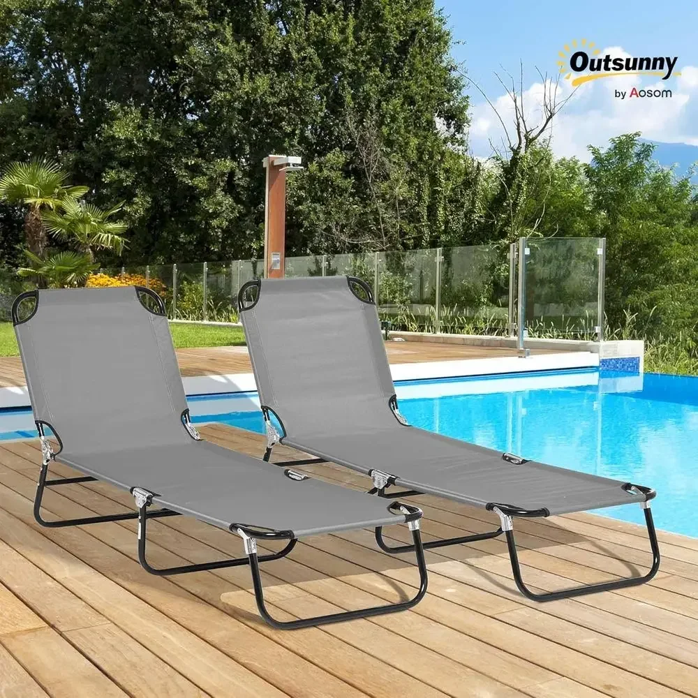 2-Piece Outdoor Chaise Lounge Chairs with 5-Level Recline for Sunbathing, Suitable for Poolside, Beach, Yard, or Patio in Gray