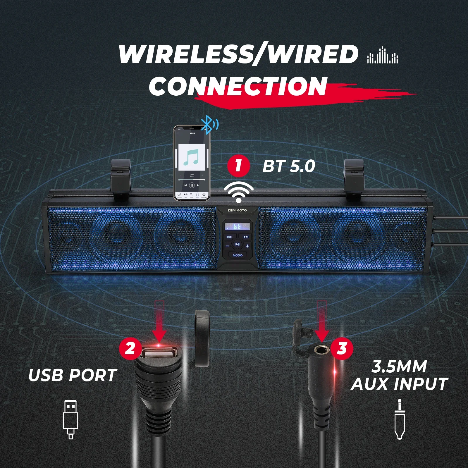 Głośniki systemowe KEMIMOTO UTV 26" 1,75-2,25" Bluetooth kompatybilne z Polaris RZR PRO XP/XP4 1000 800 dla Can-am X3