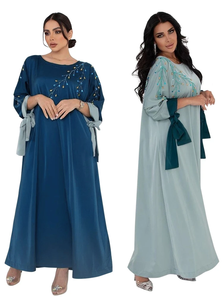 Eid Morocco Muslim Dress Women Diamond Satin Abaya Lace-up Party Kaftan A-line Dresses Woman Dubai Islam Long Robe Vestidos 2024