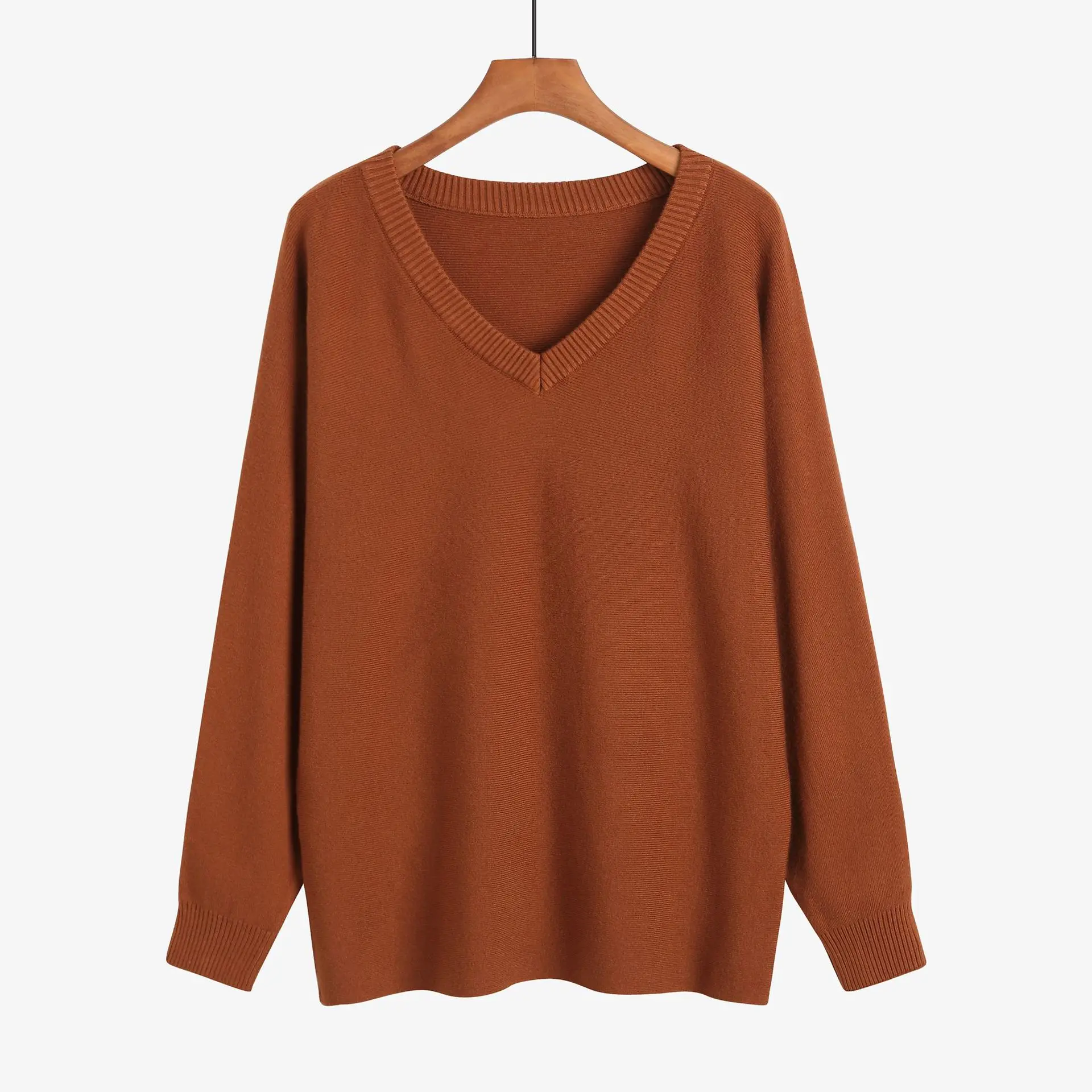 2024 autumn and winter explosive big V-neck women's sweater pullover loose long-sleeved top