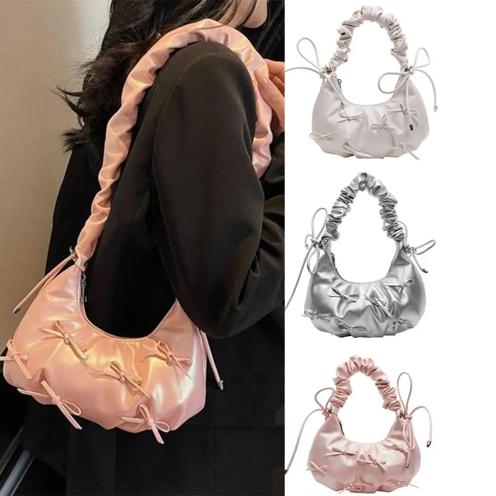

Solid Color Sweet Pleated Bow Tote Bag Korean Style Bowknot Drawstring Underarm Bag PU Minority Design Dumplings Bag Outdoor