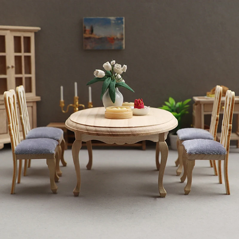 

5Pcs/set 1/12 Dollhouse Miniature Furniture Wooden Dining Table Chair Set Toys