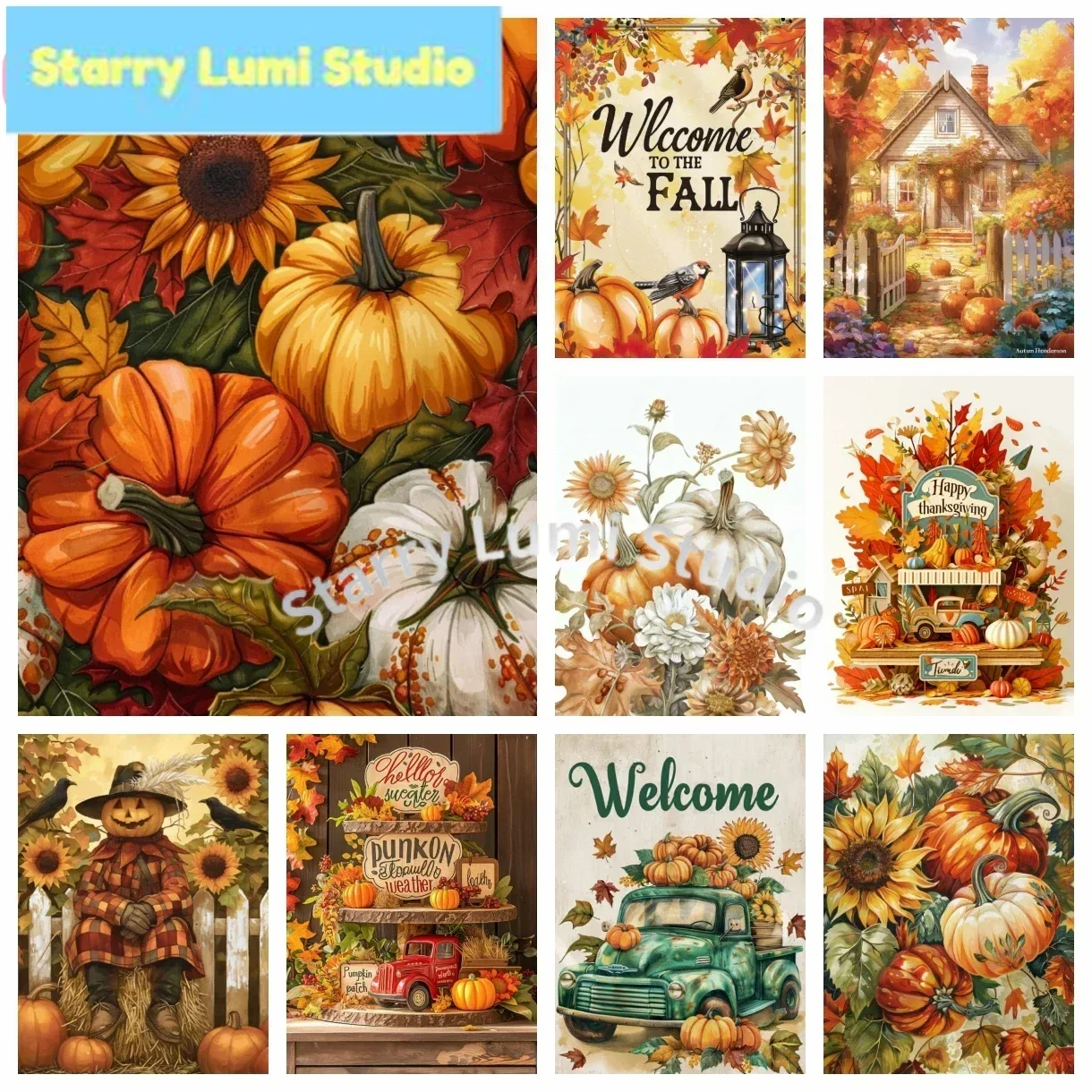 

Pumpkin Autumn Scenery 5D DIY Diamond Painting Kit Cross Stitch Embroidery Full Diamond Halloween Handcraft Home Decoration Gift