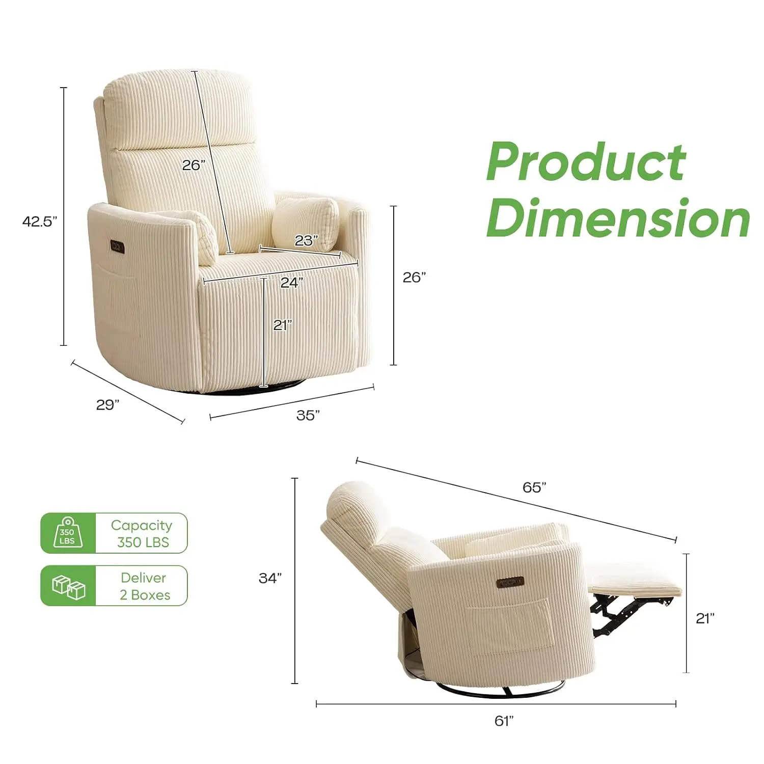 Oversized Power Recliner Massage Heat Swivel Rocker Adjustable Headrest Glider Nursery Chair 2 Pillows Living Room, Customized