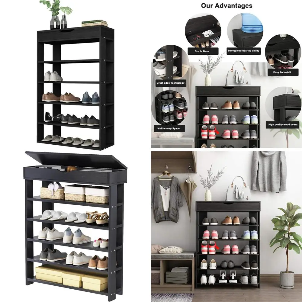 

5-Tier Wooden Shoe Storage Cabinet, Sleek Organizer for Heels, Sneakers, Entryway, Hallway, Closet, Living Room, Black