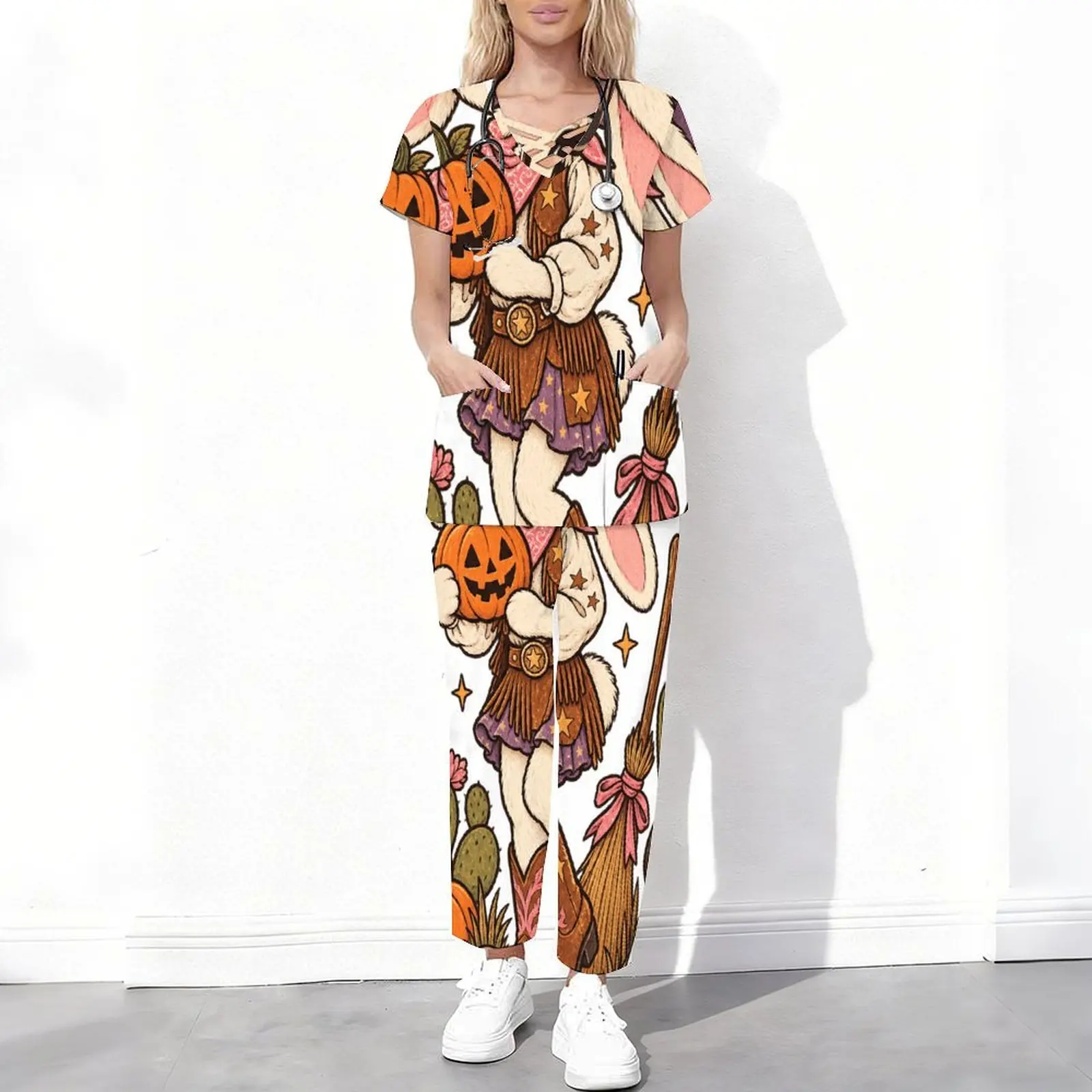 Women Cartoon Halloween Ghost Pumpkin Printed 2 Piece Scrub Set Short Sleeve Cutout Neck Pocket Top and Long Pants