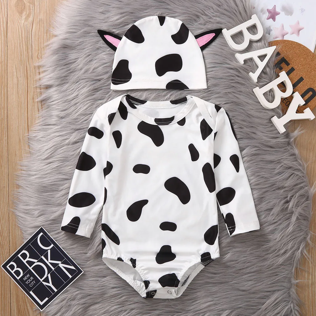 New Baby Bodysuit+cap Infant Baby Girls Boys Cute Blotch Cow Printed Long Sleeve Bodysuit Cartoon Ear Hats Boys Girls Clothes