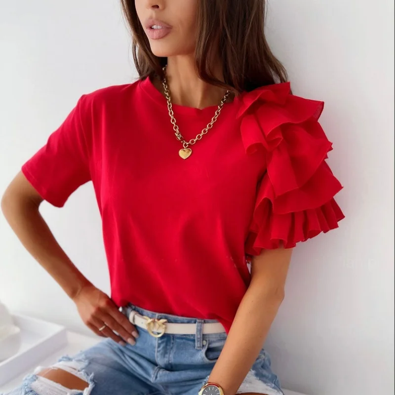 Tops holgados con volantes para mujer, camiseta de manga corta de verano, camisas informales lisas elegantes, blusas con cuello redondo