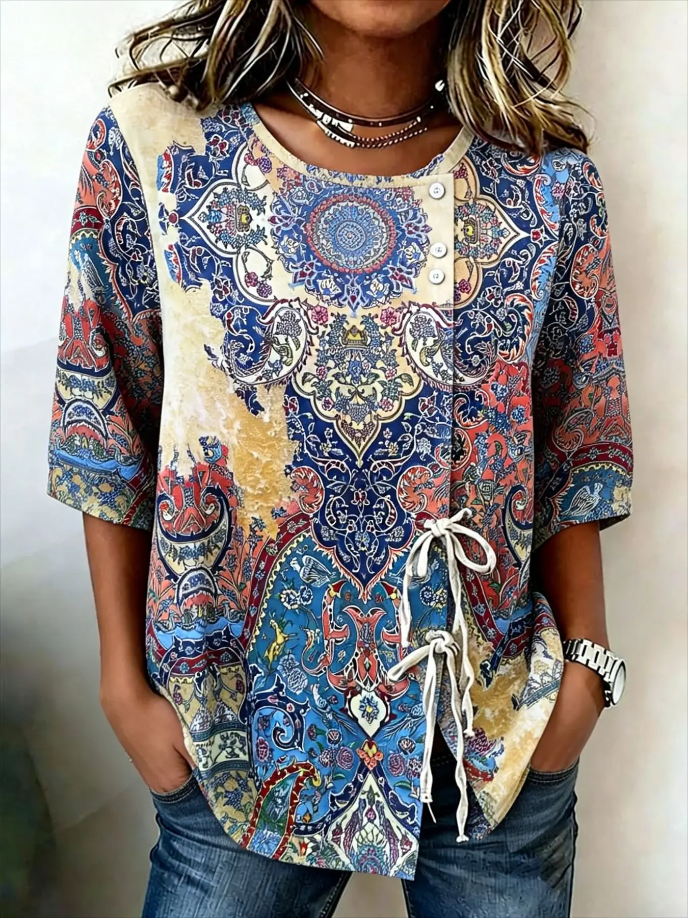 Women's Spring Summer 3D Printed Button Front Drawstring Bohemian Blouse, Vintage Paisley Mandala Ethnic Contrast Print Top