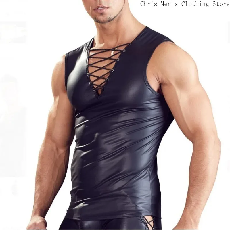 Motorcycle Cool Guy Leather Vest V-neck Lace-up Sexy Leather for Men Bar Club Party Clothes Rock Band Rave Show Clothes Tank Top