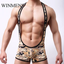 Men's Camouflage Boxer Jumpsuit Youth Comfortable Wrestling Panties Military Suspenders Gym Trunks Bulge Pouch Underwear