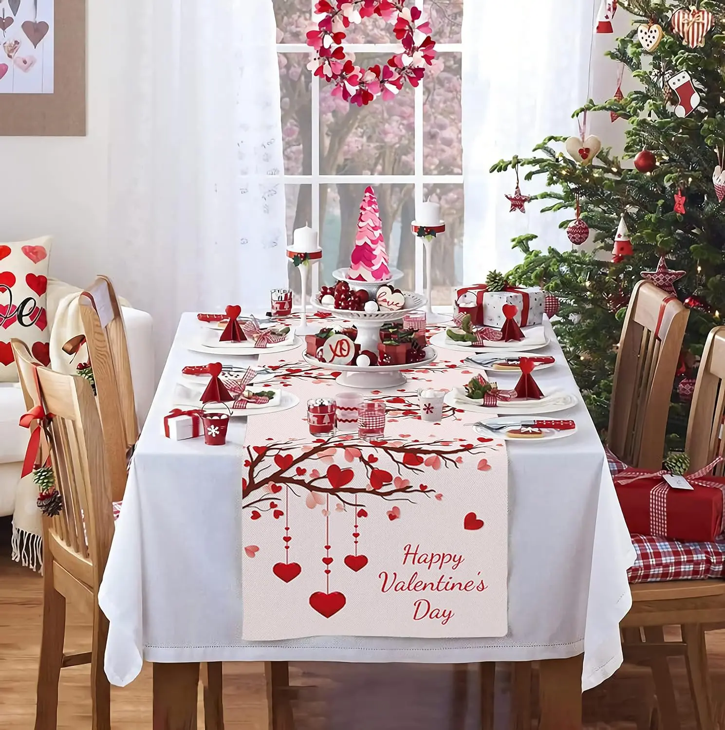 Valentine's Day Table Runner Love Heart Tree Branch Dinner Room Linen Table Runners Anniversary Wedding Banquet Decorations