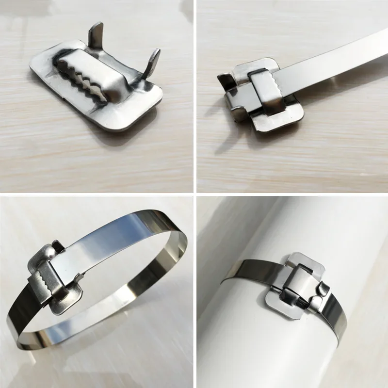 100PCS L-Type 304 Stainless Steel Cable Tie Buckle Wrap Zip Ties 10/12/16/20mm Tooth Connector Buckle Packaging Zip Ties