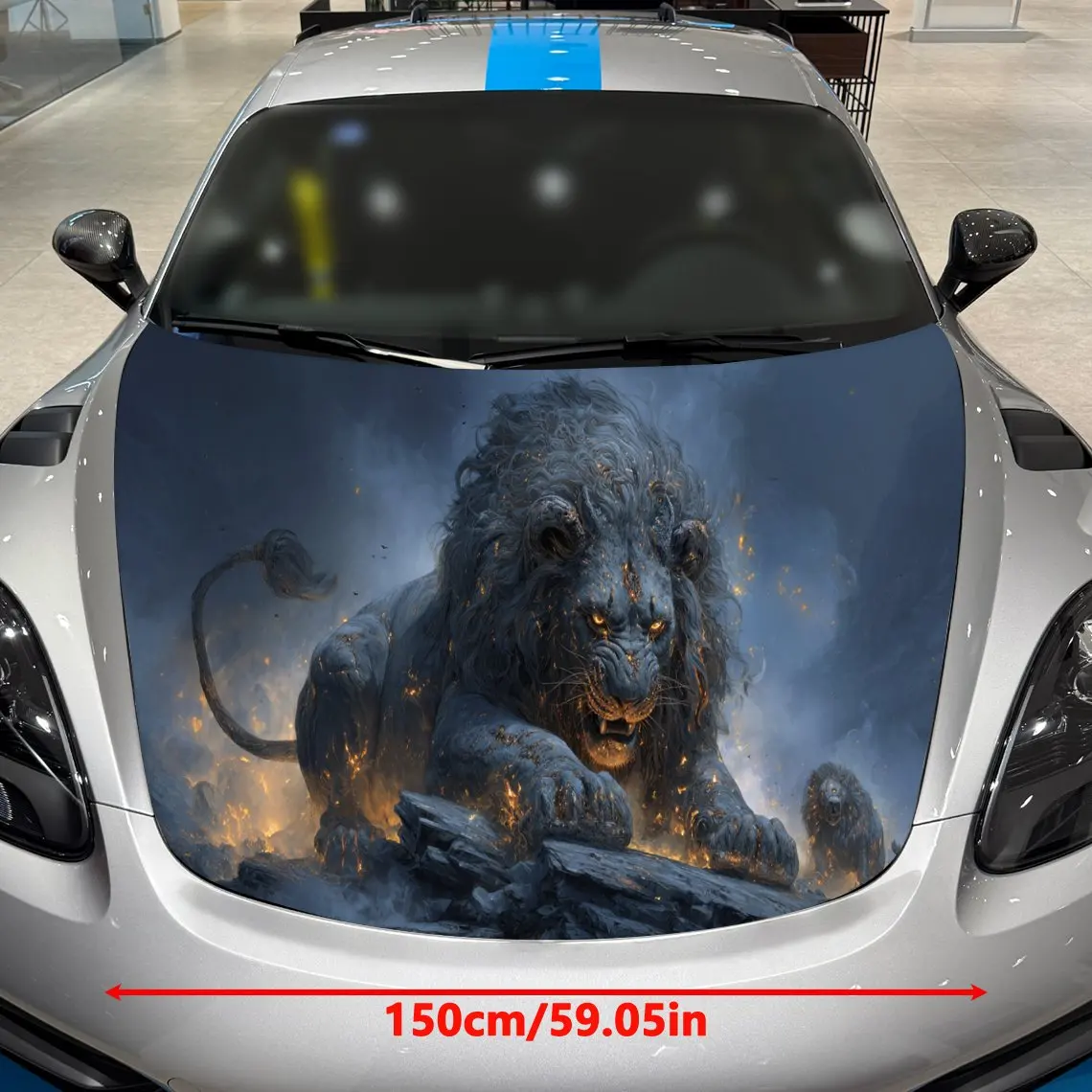 Flame Rock Blue Lion Dominates Misty Plain Car Vinyl Wrap, PVC Material Waterproof Car Hood Sticker, Self-Adhesive Scratch-Resis