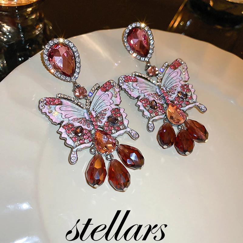 

Vintage Rhinestone Butterfly Artificial Crystal Tassel Silver Stud Earrings Luxurious and Elegant Women's Jewelry