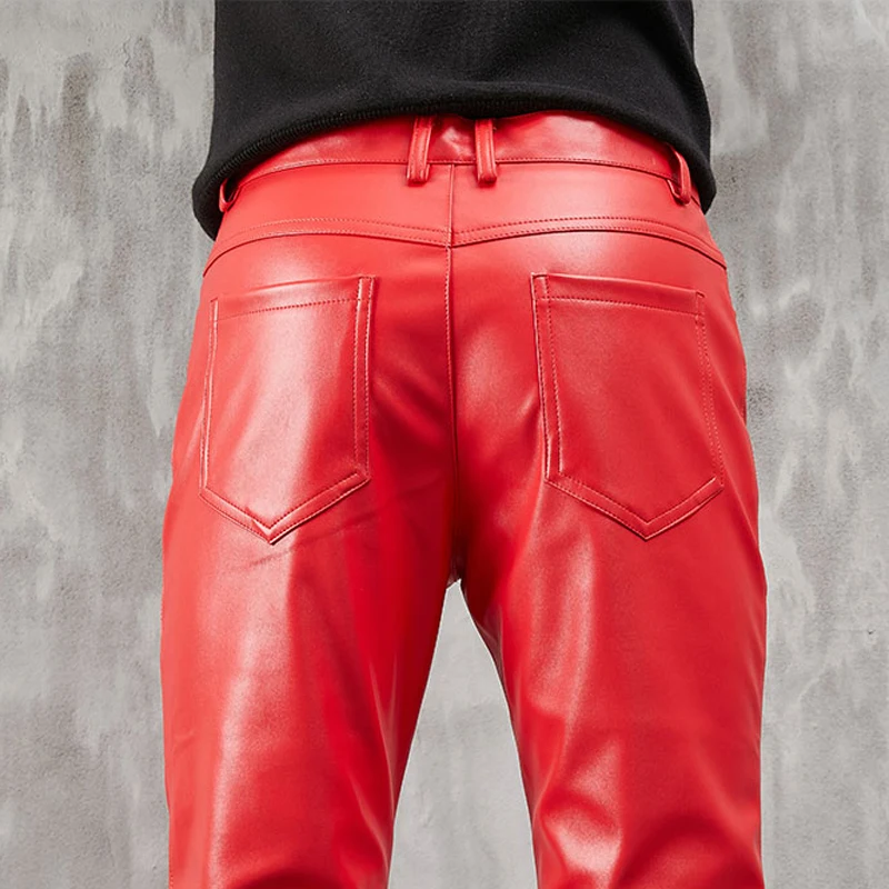 Men\'s Leather Pants Skinny Fit Stretch Fashion PU Leather Trousers Nightclub Party & Dance Pants Thin