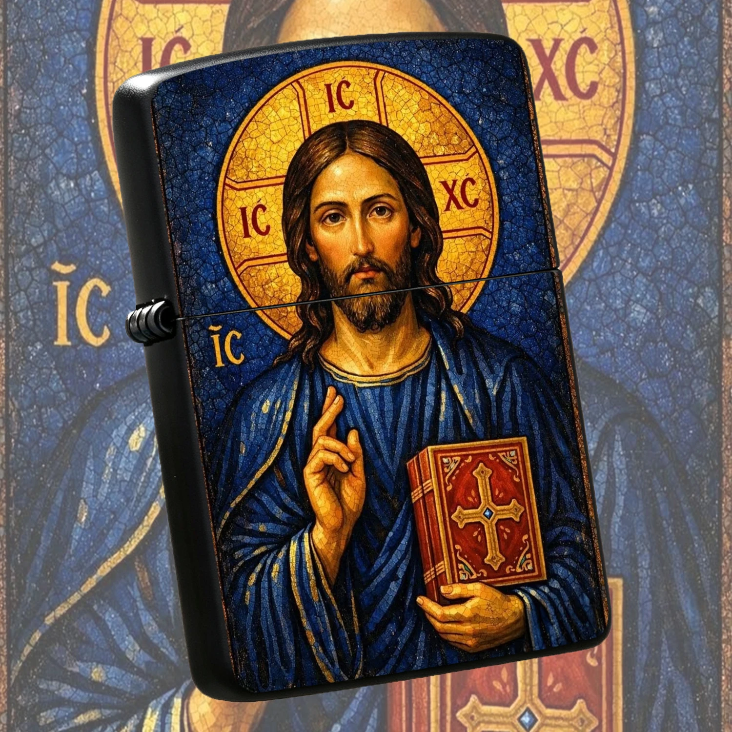 Jesus Themed Windproof Lighter, Retro Mosaic Art Style Christ Jesus Pattern Durable Housing Inflatable Lighter, Creative Religious Culture Peripheral Collectible, Ideal for Daily Use, Gifting, Devotional Commemoration and Home Decoration