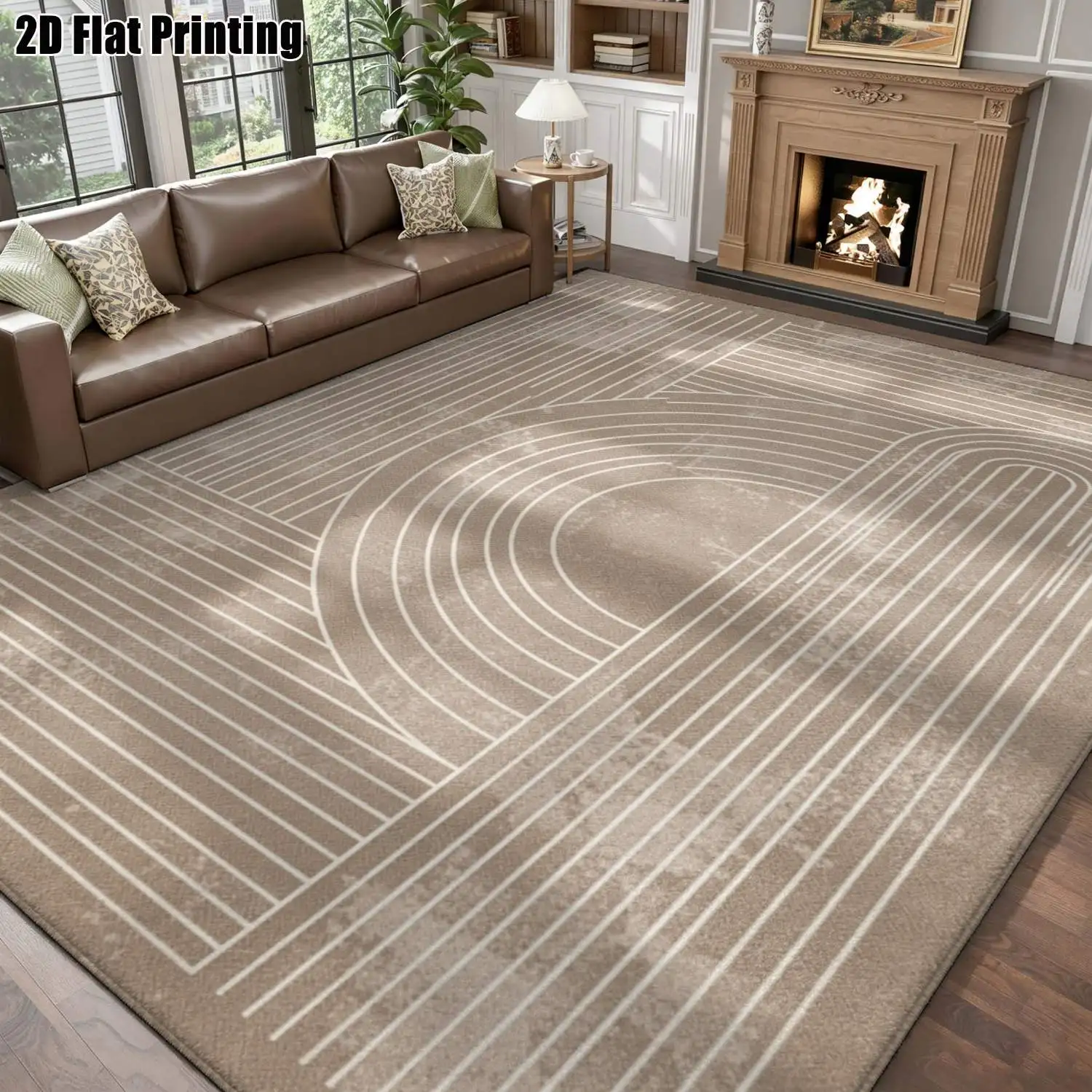 1Pc 2D Printed Milk Tea Color Geometric Line Nordic-Style Modern Simple Machine-Washable Carpet for Home Decor, Multi-Size, Can Be Used as a Doormat, Dining/Bedroom/Living Room Rug
