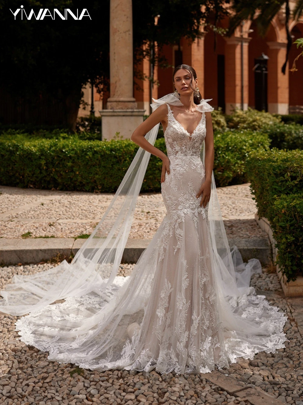 Vestido De novia con escote en V profundo y espalda descubierta, traje De novia clásico con apliques De encaje, vestido De novia largo De sirena brillante