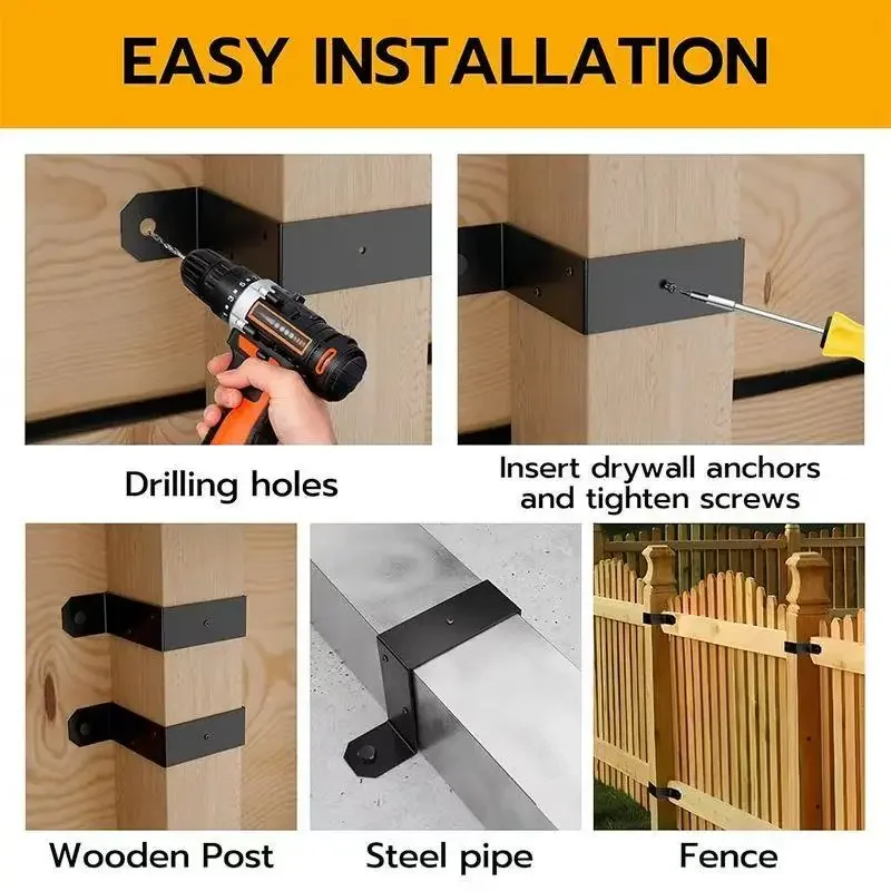 4 Pcs Heavy Fence Bracket Deck Column Fixed Bracket U-shaped Carbon Steel Strap for Wooden Pillar DIY Fence Accessories