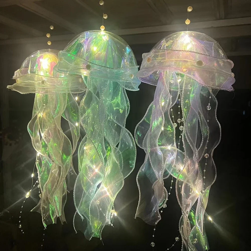 Jellyfish Colorful Nightlight Button Battery Hanging Ceiling Lantern with Ribbon&Bead LED Bulbs for Children Bedroom