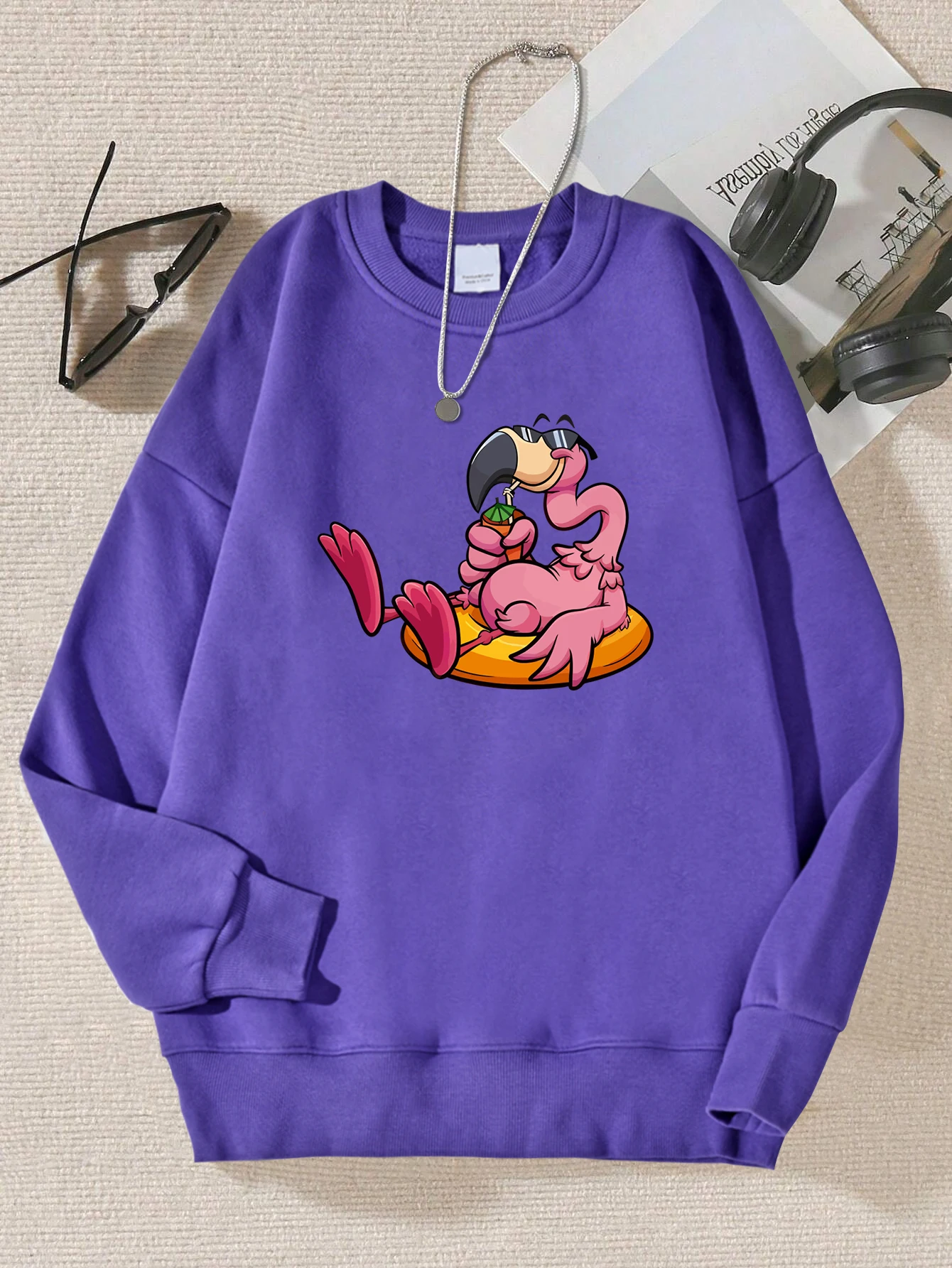 

Cartoon Flamingo Prints Sweatshirt Female Fashionable Fleece Sportswear Crewneck Oversized Pullover Loose Fleece Womens Top