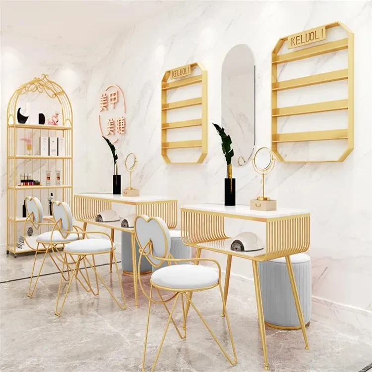 Fashion Marble Nail Table and Chair Set, Single Double Golden Iron Manicure Table Set