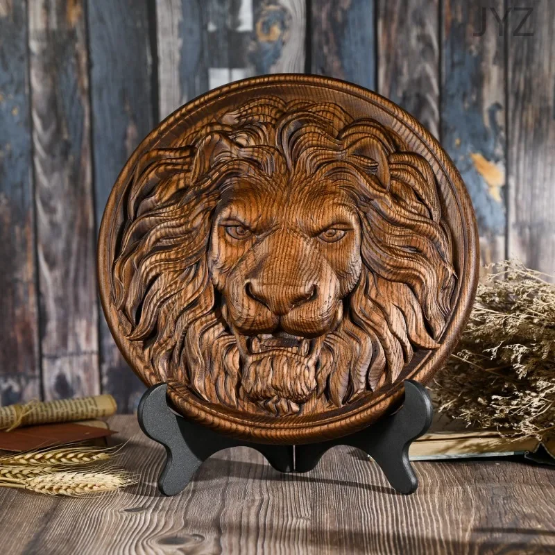 Lion Head Wood Carving Crafts Wall Hanging Plaque, Retro Style Animal Carving Home Decor 