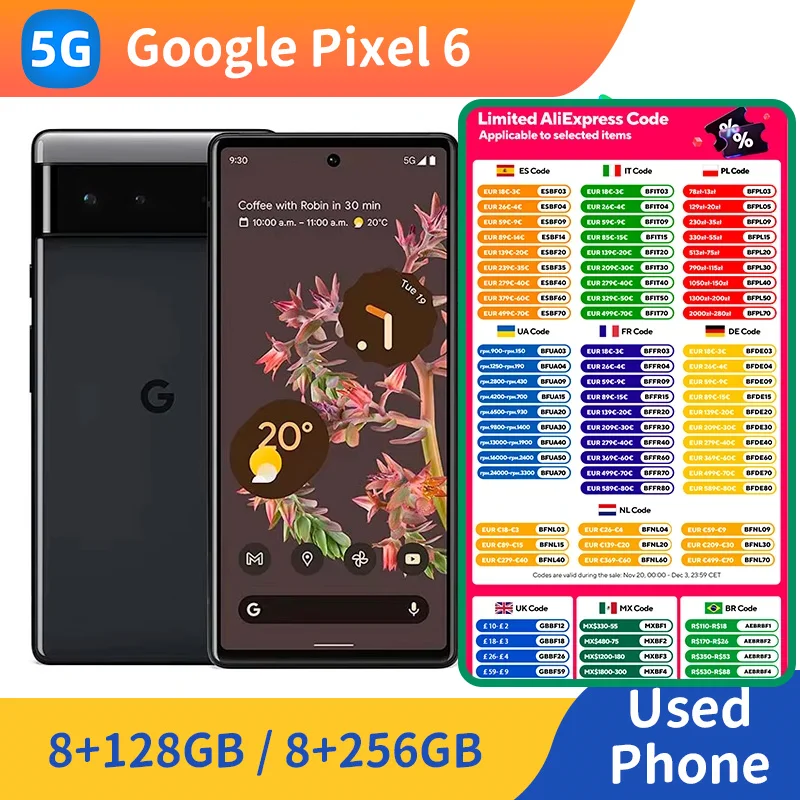 جوجل بيكسل 6 5G أندرويد الهاتف الذكي ROM 128GB/256GB 2340x1080 شاشة 6.4 بوصة 50MP كاميرا الهاتف المستخدم