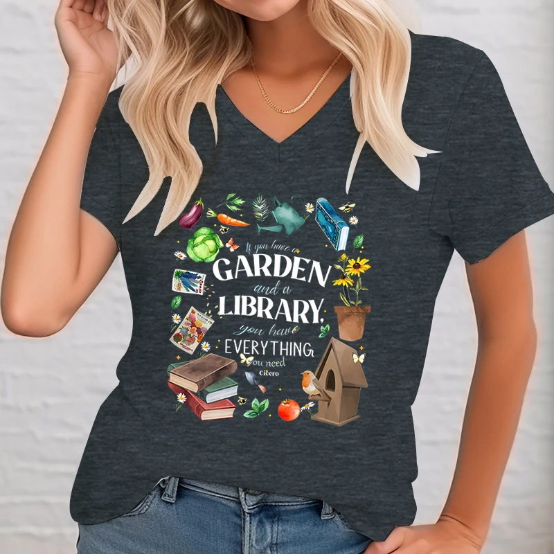 Women Botanical T-shirts Garden Library Funny T Shirt Gardener Gift Short Sleeve Tee Gardening Plant Lover V-Neck Ladies Tshirt