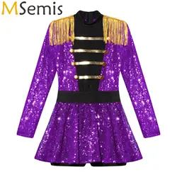 Kids Girls Ringmaster Circus Dance Costume Long Sleeve Tassel Epaulet Shiny Sequins Dress Jumpsuit Dance Performance Costume