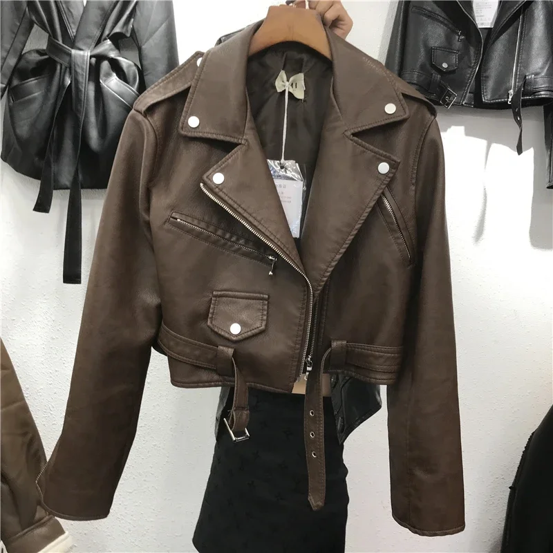 Spring Short Women Slim Bandage Khaki Black Faux Pu Leather Jacket Fashion Lapel Long Sleeve Outerwear Ladies Streetwear G1134