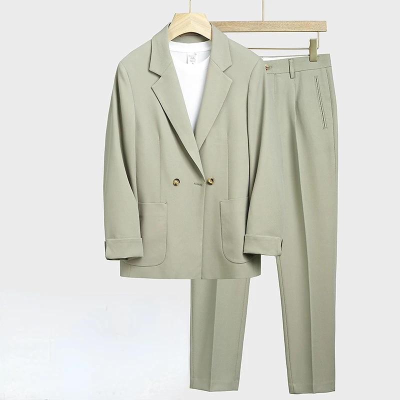 "طقم بدلة رجالي على الطراز الكوري لعام 2025-سترة وسراويل غير رسمية فضفاضة تناسب ربيع الخريف طقم كامل مكون من قطعتين"