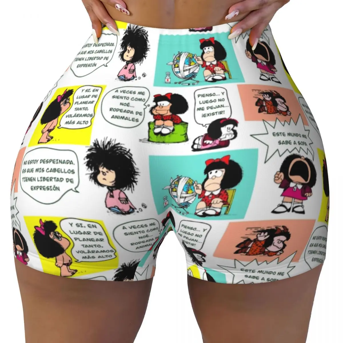 Custom Manga Quino Mafalda Biker Running Gym Shorts Women Kawaii Cartoon Athletic Workout Yoga Shorts