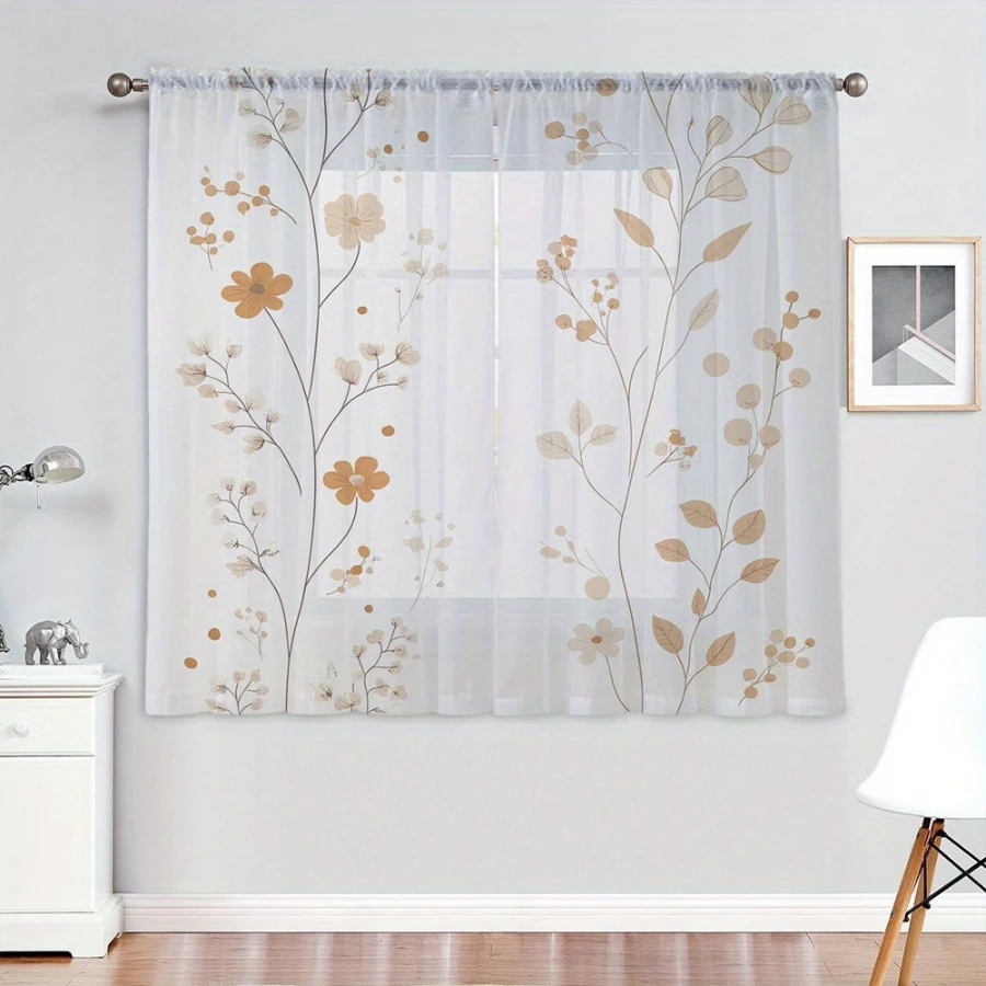 2PCS Digital Print Sheer Curtain, Beige Brown Flower Leaf, Boho Chic Window Curtains for Living Room Bedroom Home Decor