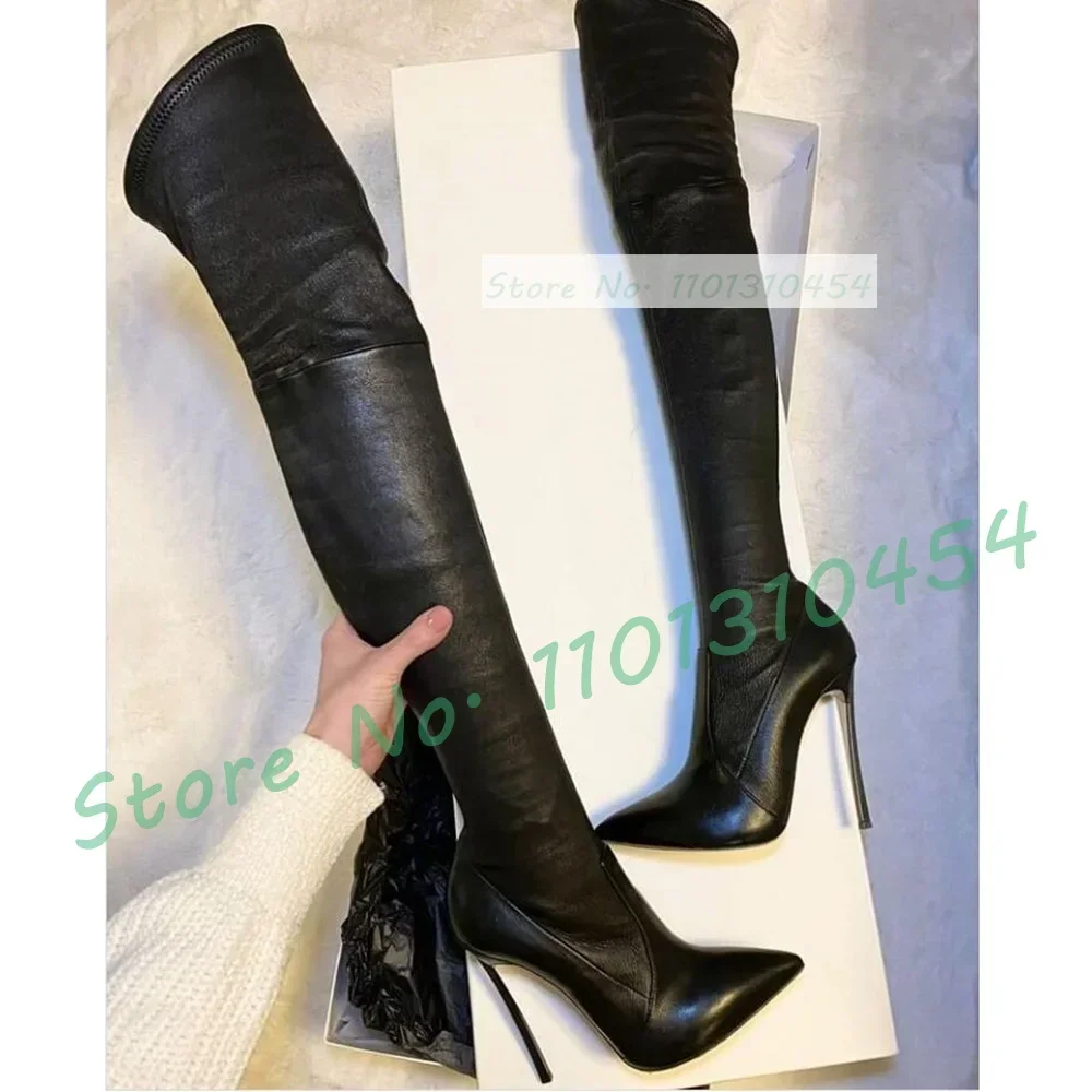 Metal Heel High Heels Long Boots Women Pointed Toe Sexy High Class Thigh High Shoes Ladies Leather Splicing Suede Patent Boots