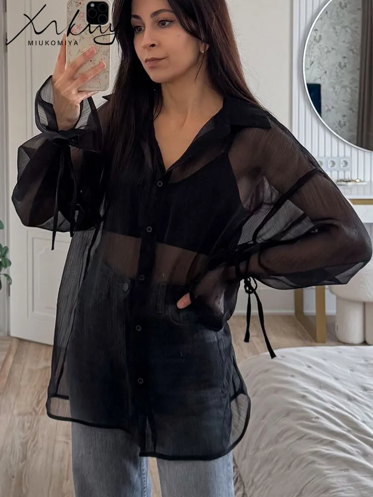 Women's Black Sheer Lantern Sleeve Blouse - Summer Top