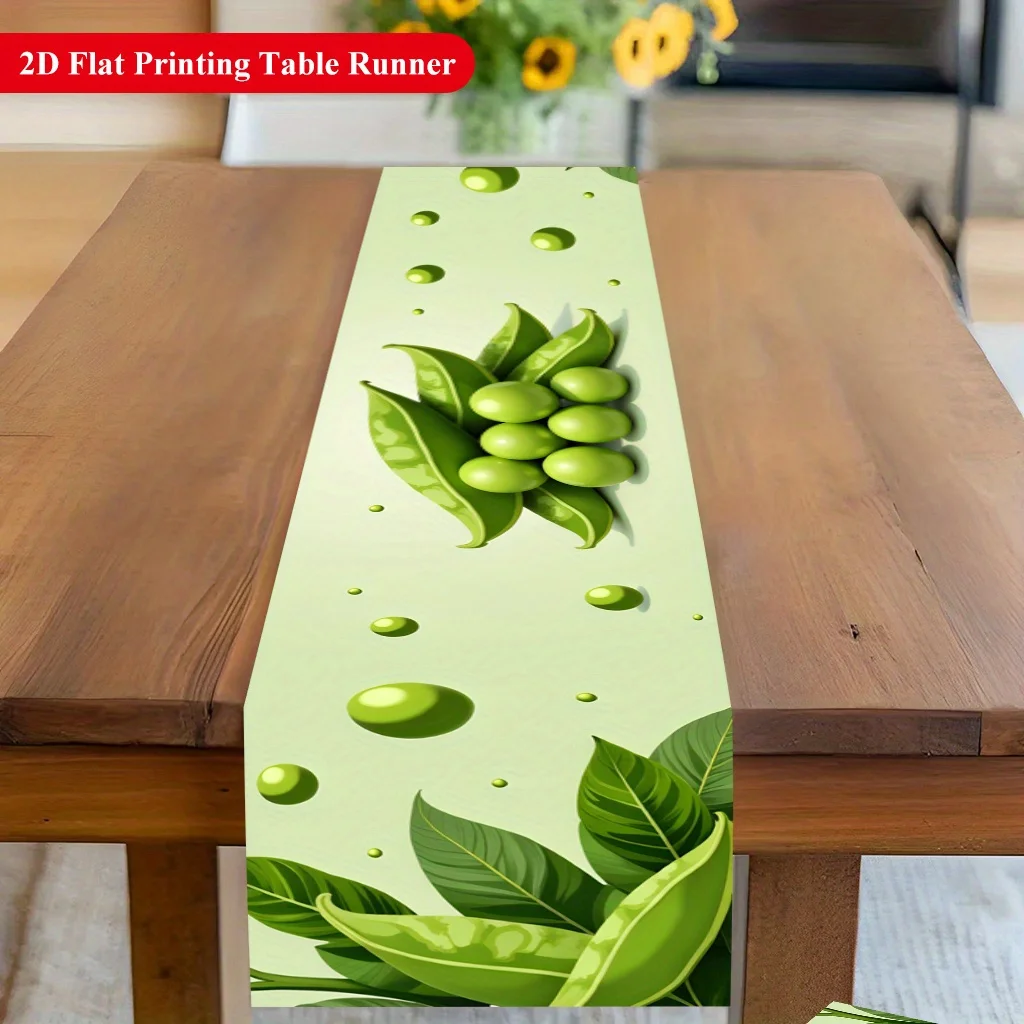 1 chemin de table vert à motif pois et feuilles, idéal pour la décoration de table dans les fermes, les intérieurs, la cuisine, les célébrations, les restaurants et les banquets.