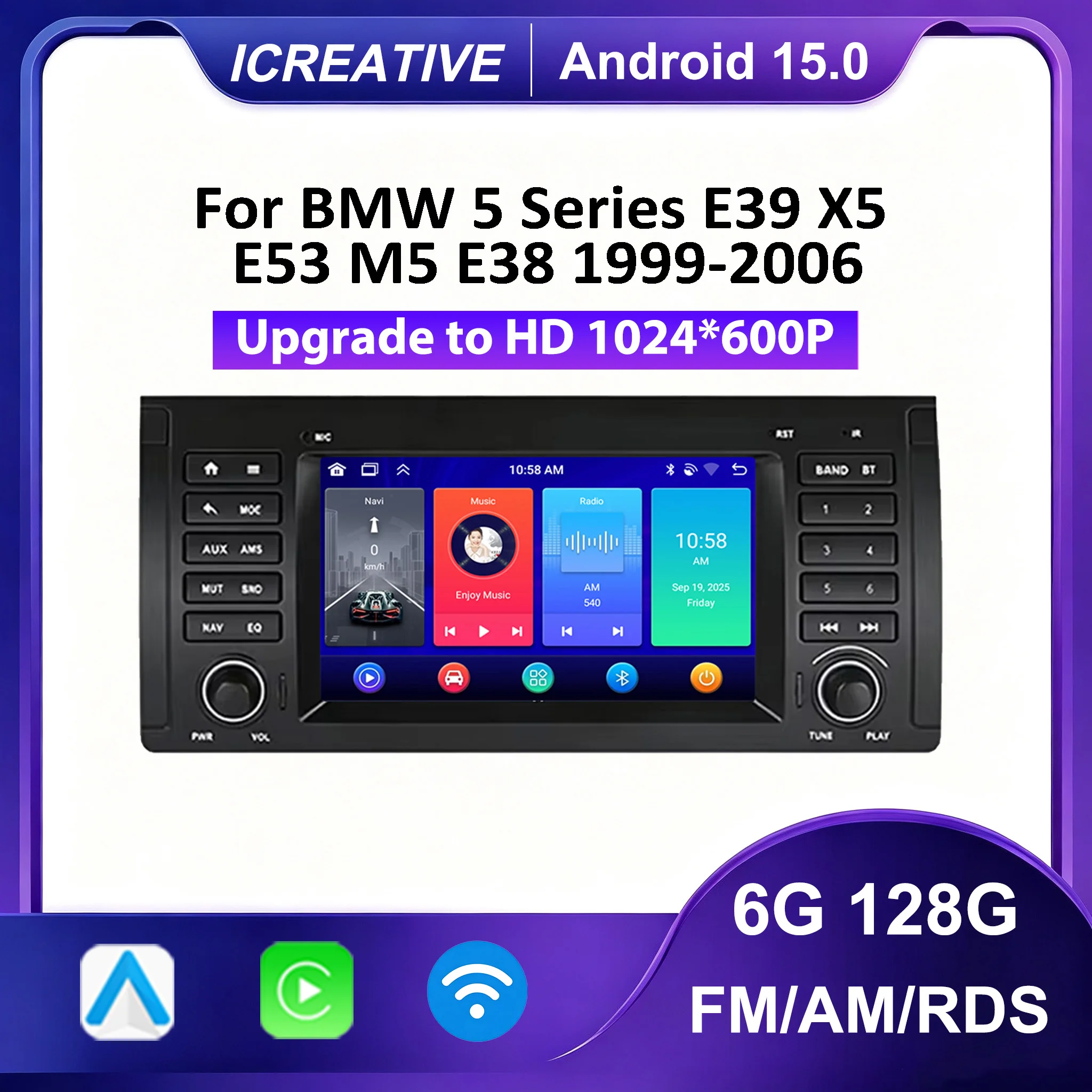 ICREATIVE Android 15 For BMW 5 Series E39 X5 E53 M5 E38 1999-2006 2 Din Stereo Multimedia Player CarPlay Auto Radio GPS WIFI RDS
