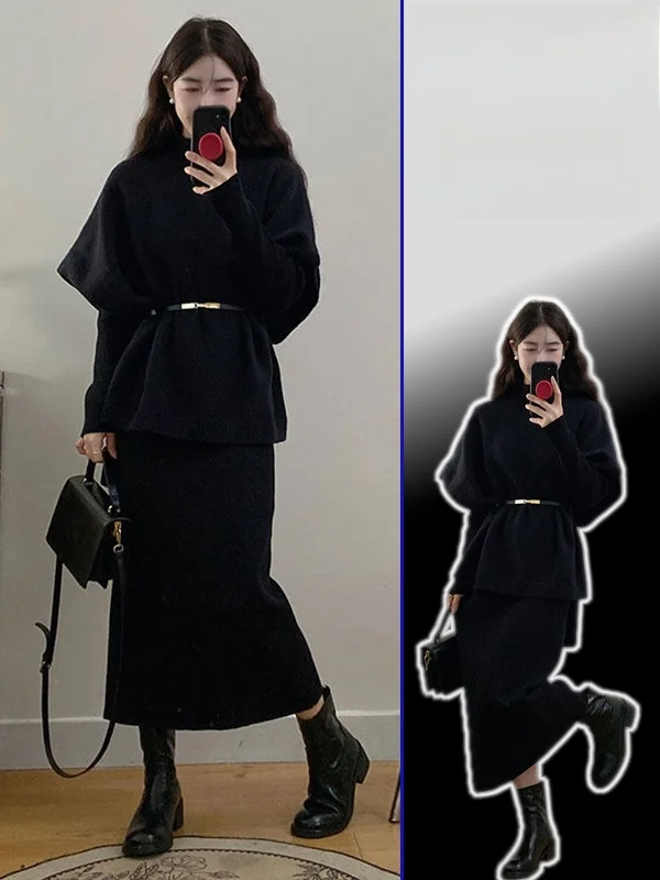 

plus Size Knitted Sweater Coat Women Slimming V-Ne Long Sve High Waist Faion Set Casual Workwear Winter Autumn Sles