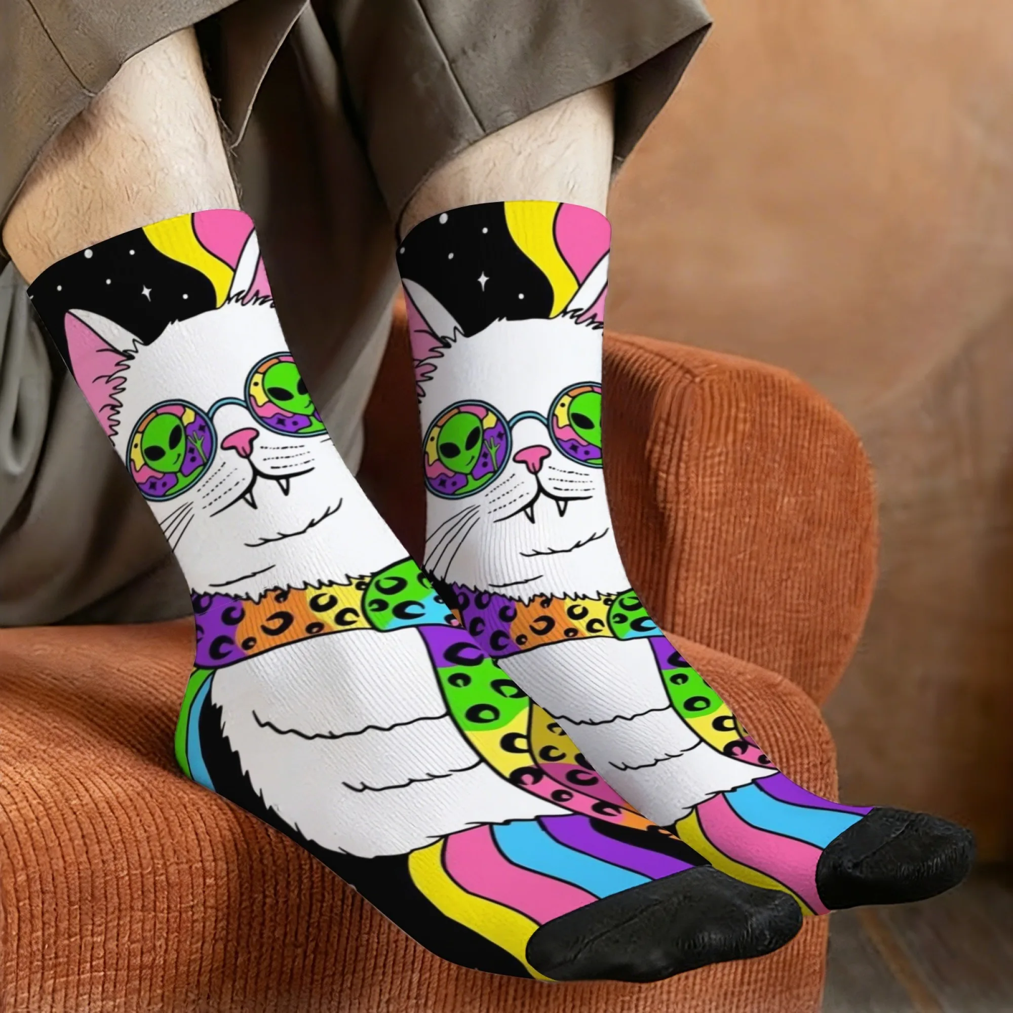 1 Pair Surprise Colorful Cat Themed Socks Funny Kitten Paw Alien Print Breathable Novelty Gift Cute for Outdoors Parties Gifts