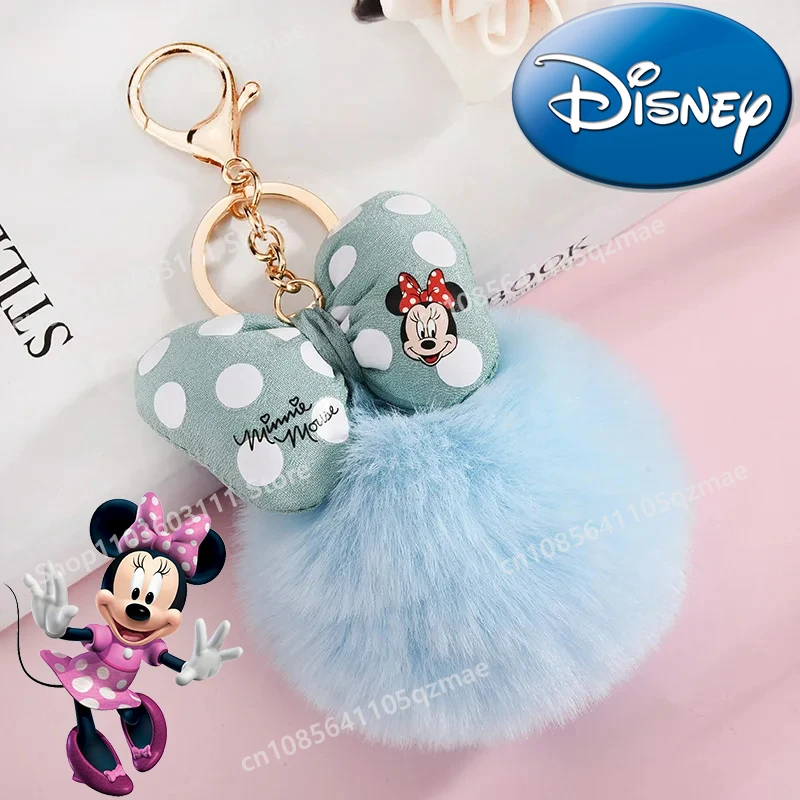 

2024 New Disney Minnie Mouse Plush Keychains Cute Cartoon Polka Dot Bow Pom-Pom Key Ring Pendant Bag Ornament Girl Kid Toy Gift