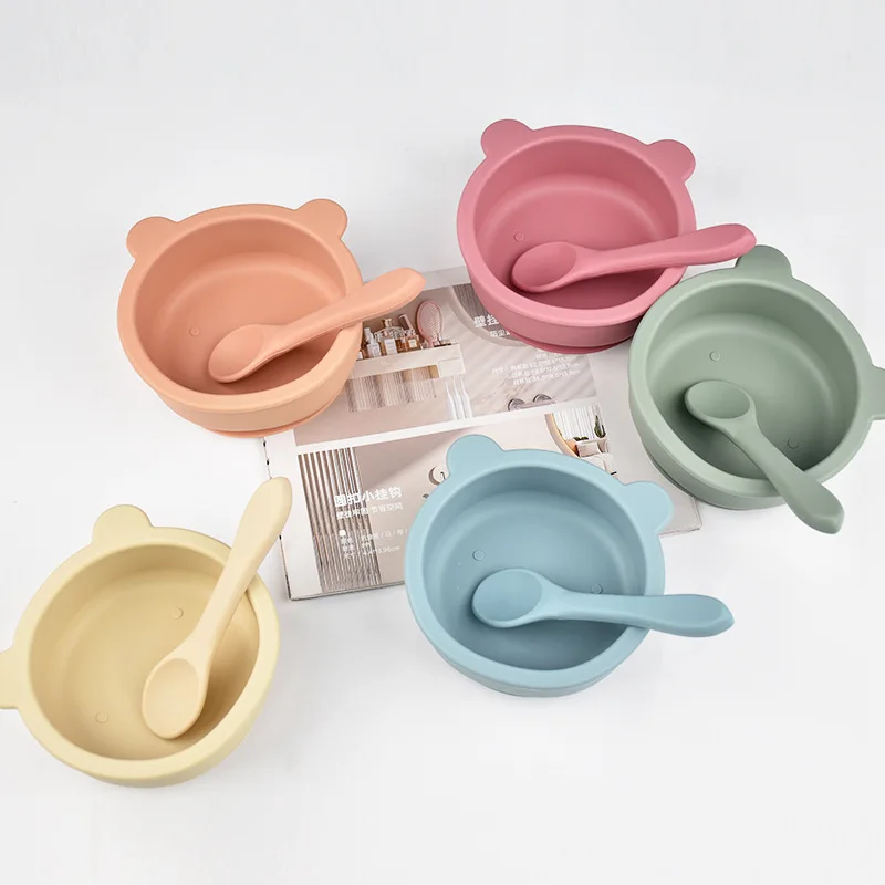 

2PC Silicone Baby Tableware Suction Dinner Set Eating Training Baby Stuff Cartoon Cute Bear Shape Bowl Toddler Tableware Set