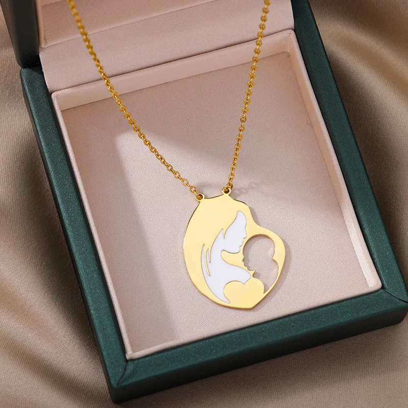Vintage Baby Mother Mom Pendants Necklace Child Pregnant Heart Gold Color Stainless Steel Chain Gift For Women Jewelry
