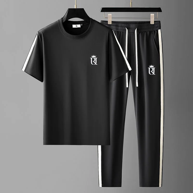 2024 Summer New Fashion Trend Ice Silk Sports Suit Men\'s Casual Relaxed Comfortable Breathable Large Size Two-Piece Set L-4XL